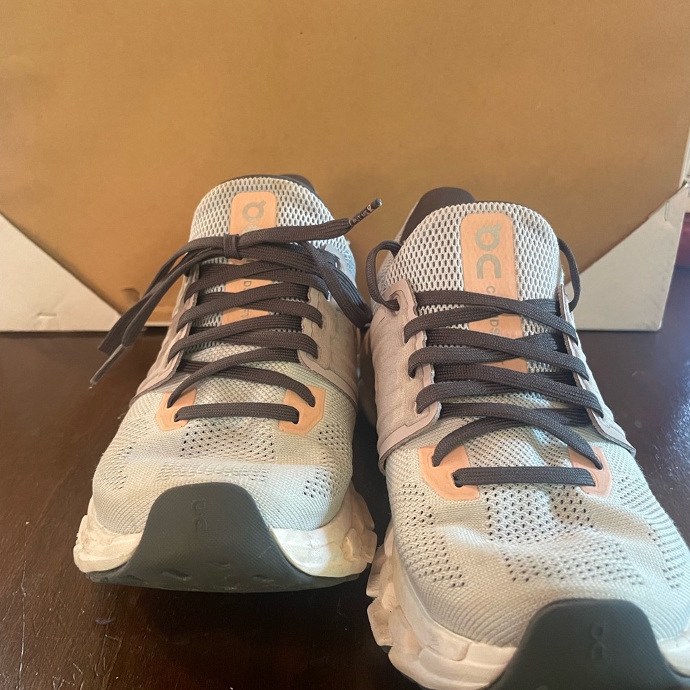 On Running Athletic Shoes in Gray and Peach